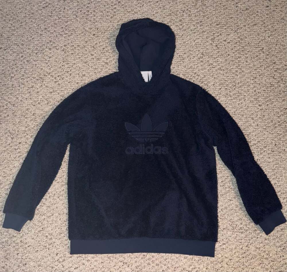 Adidas Trefoil Sherpa Navy Blue Hoodie Sweatshirt Size Large